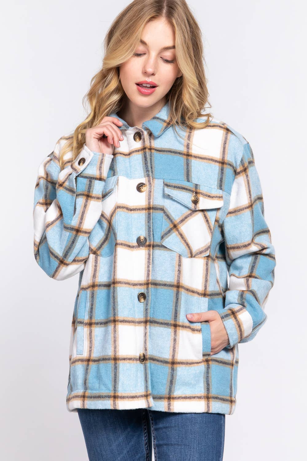 Long Sleeve Inside Faux Fur Brushed Plaid Jacket Shacket