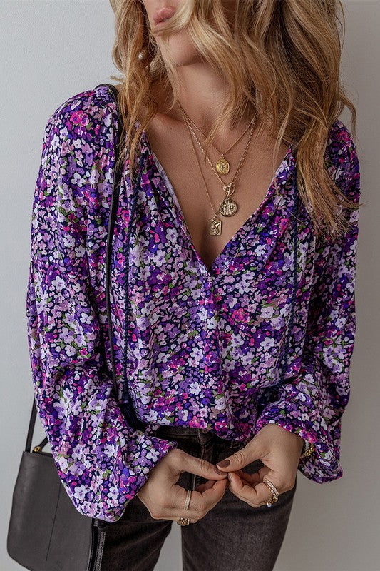 Boho Flower Split V Neck Bubble Sleeve Blouse