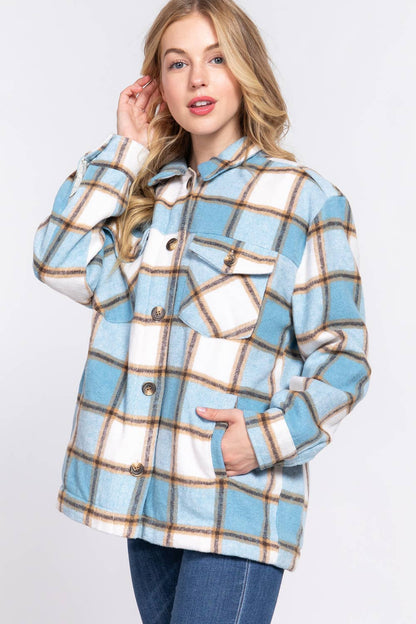 Long Sleeve Inside Faux Fur Brushed Plaid Jacket Shacket