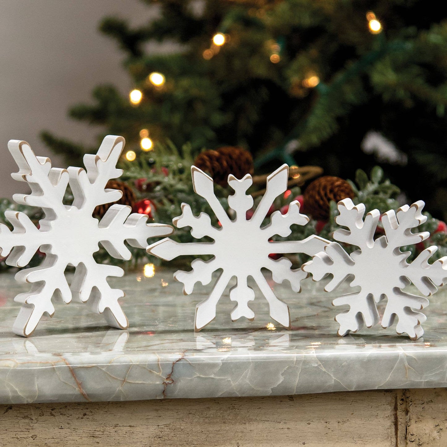 3/Set, Distressed Chunky Wooden Snowflake Sitters