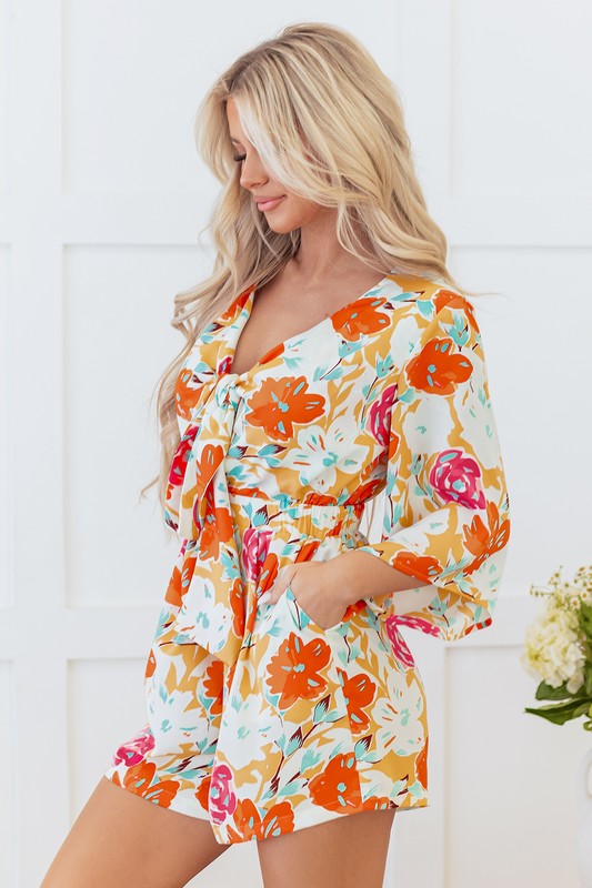 Orange Blooming Floral Print Front Tie Romper