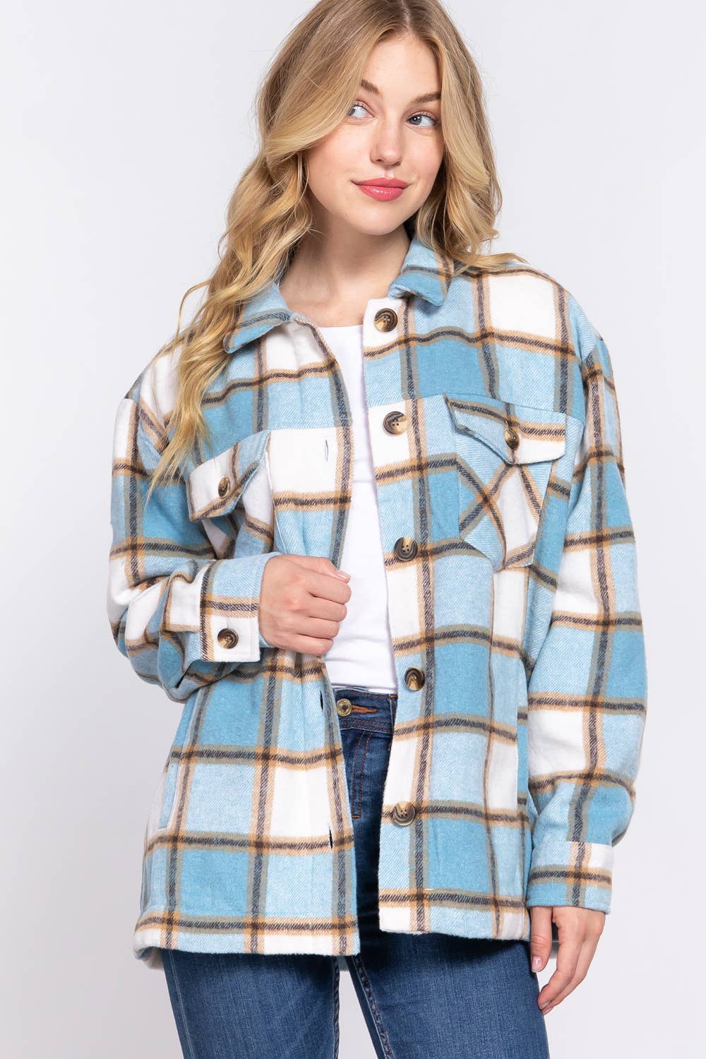 Long Sleeve Inside Faux Fur Brushed Plaid Jacket Shacket