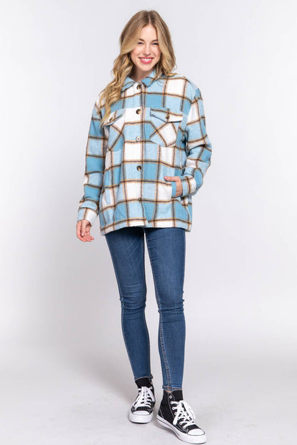 Long Sleeve Inside Faux Fur Brushed Plaid Jacket Shacket